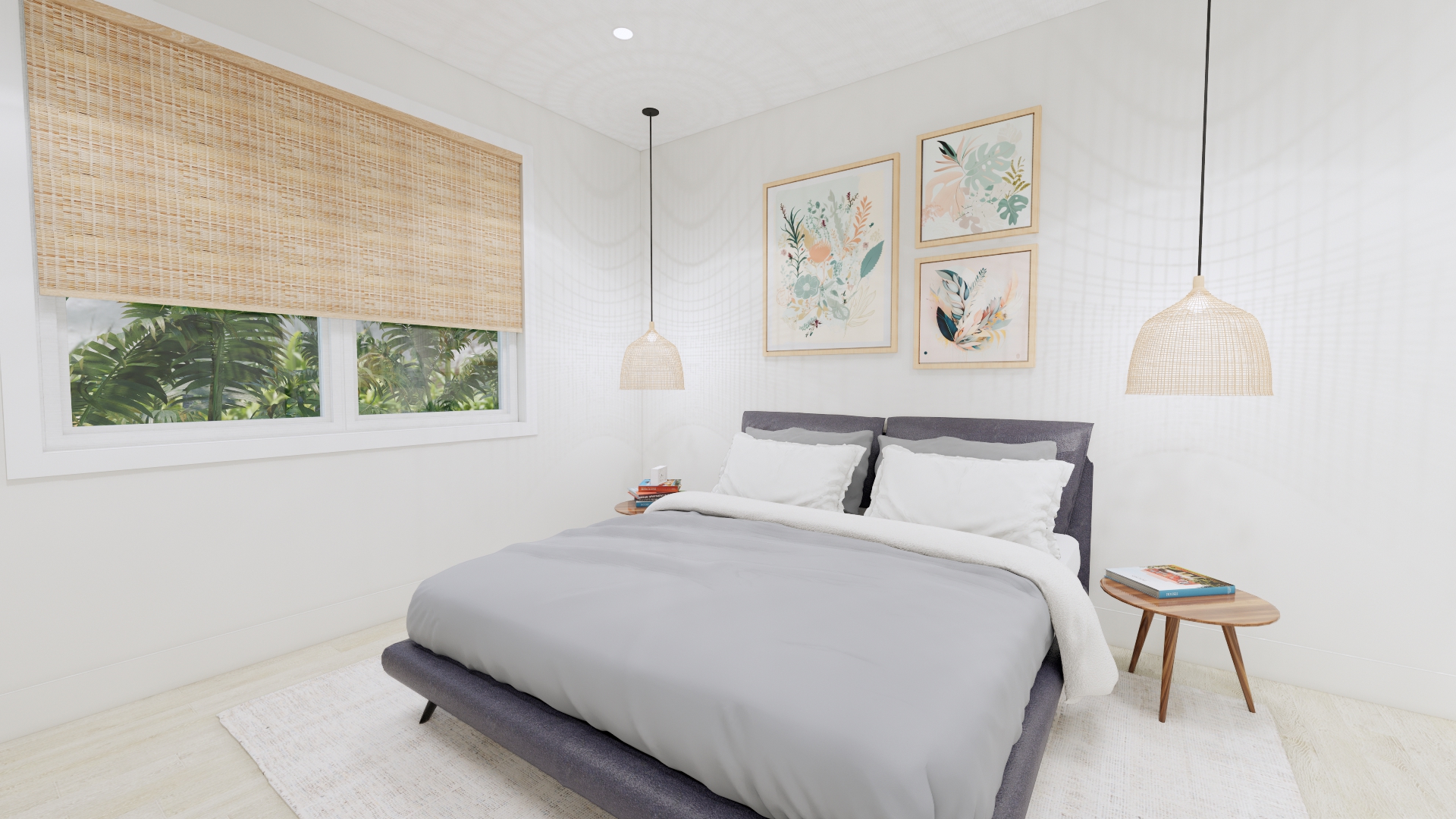 Andros master bedroom with natural textures and botanical artwork